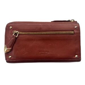 Perlina New York Brown Gold Leather Zip Around Wallet Classic Minimal